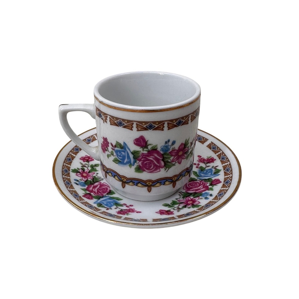 C Art HK Espresso Cup Saucer Set Floral Rose Gold Trim Demitasse Vintage China